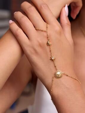 Gold Celestial Sun Boho Hand Chain Bracelet NEW